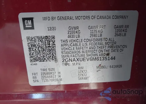 2021 Chevrolet Equinox Awd Lt z USA, uszkodzony, nr VIN 2GNAXUEV6M6135144